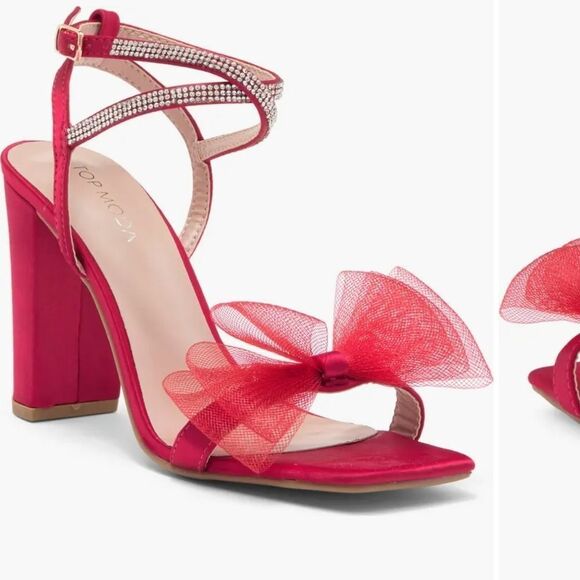 Red Strappy Heels with Bow by Top Moda - Picture 1 of 8
